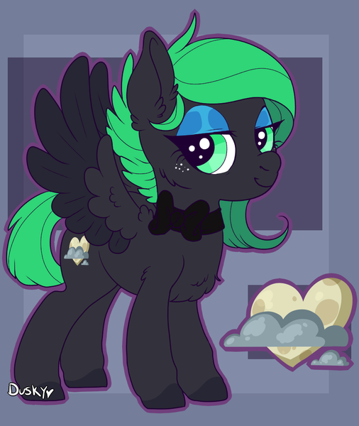 Size: 882x1045 | Tagged: safe, artist:duskyvelvet, derpibooru import, oc, oc:duskyvelvet, unofficial characters only, pegasus, pony, adult, blue eyeshadow, bow, chest fluff, cute, ear fluff, eyeshadow, female, green eyes, grin, lidded eyes, makeup, mare, pegasus oc, ref, reference, reference sheet, smiling, solo, spread wings, wings