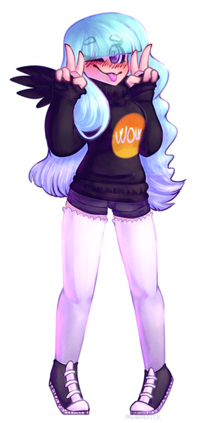 Size: 1435x2880 | Tagged: safe, artist:mcwolfity, deleted from derpibooru, derpibooru import, oc, unofficial characters only, human, :p, blushing, clothes, converse, double peace sign, eye clipping through hair, female, humanized, peace sign, shoes, shorts, simple background, solo, tongue out, transparent background, winged humanization, wings