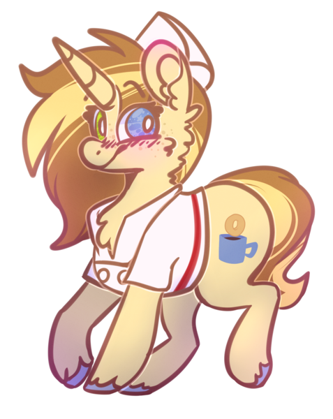 Size: 1721x2165 | Tagged: safe, artist:mcwolfity, deleted from derpibooru, derpibooru import, oc, unofficial characters only, pony, unicorn, blushing, coffee, cup, donut, food, hat, horn, mug, simple background, smiling, transparent background, unicorn oc, unshorn fetlocks, waiter