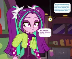 Size: 665x547 | Tagged: safe, derpibooru import, edit, edited screencap, editor:thomasfan45, screencap, aria blaze, human, equestria girls, equestria girls series, sunset's backstage pass!, spoiler:eqg series (season 2), 1000 hours in ms paint, ascot, clothes, cropped, cute, description is relevant, disguise, disguised siren, eyeshadow, female, hypnosis, hypnotized, implied sonata dusk, jacket, makeup, mental shift, offscreen character, pendulum swing, personality change, pigtails, pocket watch, polka dots, request, smiling, solo, speech bubble, starswirl music festival, story included, tour bus, twintails