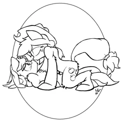 Size: 1760x1740 | Tagged: safe, artist:lucas_gaxiola, derpibooru import, applejack, oc, earth pony, pony, canon x oc, chest fluff, eyes closed, female, freckles, hat, kissing, lineart, mare, monochrome, signature, simple background, white background, wide eyes