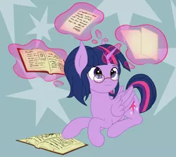 Size: 2686x2397 | Tagged: safe, artist:thehuskylord, derpibooru import, twilight sparkle, twilight sparkle (alicorn), alicorn, pony, book, cutie mark, glasses, levitation, magic, paper, ponytail, simple background, solo, telekinesis, writing