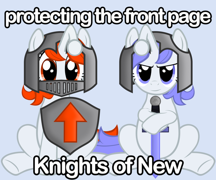 Size: 2683x2236 | Tagged: safe, artist:fabulouspony, derpibooru import, oc, oc:discentia, oc:karma, unofficial characters only, pony, unicorn, armor, downvote, duo, female, reddit, shield, sitting, sword, upvote, weapon