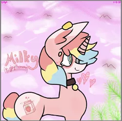 Size: 828x823 | Tagged: safe, artist:kittycatrittycat, derpibooru import, oc, oc:milky (rigbythememe), bird, unicorn, collar, cute, ear piercing, earring, female, glow, heart, jewelry, majestic, mare, markings, multicolored hair, piercing, pink, plant, smiling, solo, strawberry milk