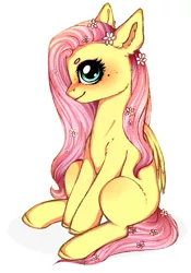 Size: 2005x2863 | Tagged: safe, artist:oksssid, derpibooru import, fluttershy, pegasus, pony, cheek fluff, cute, ear fluff, female, flower, flower in hair, freckles, high res, mare, profile, shyabetes, simple background, sitting, solo, white background