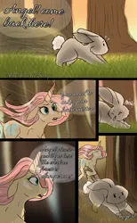 Size: 1181x1920 | Tagged: safe, artist:thechaoticboop, derpibooru import, angel bunny, fluttershy, pony, rabbit, unicorn, comic:an unexpected visitor, leak, spoiler:g5, animal, comic, female, fluttershy (g5), forest, g5, mare, redesign, running, unicorn fluttershy