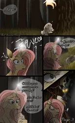 Size: 1181x1920 | Tagged: safe, artist:thechaoticboop, derpibooru import, angel bunny, discord, fluttershy, draconequus, pony, rabbit, unicorn, comic:an unexpected visitor, leak, spoiler:g5, animal, comic, discord (g5), female, fluttershy (g5), forest, g5, glowing eyes, magic, mare, redesign, unicorn fluttershy