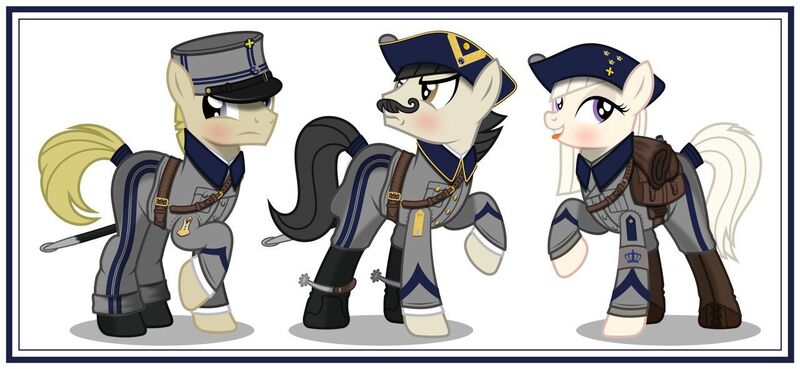 Size: 1280x591 | Tagged: safe, artist:brony-works, derpibooru import, earth pony, pony, clothes, facial hair, female, male, mare, moustache, saber, sabre, simple background, spurs, stallion, sweden, uniform, weapon, white background