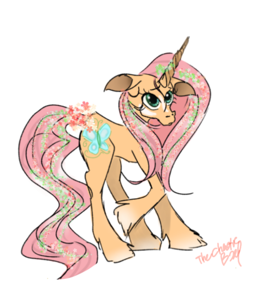 Size: 1280x1446 | Tagged: safe, artist:thechaoticboop, derpibooru import, fluttershy, pony, unicorn, leak, spoiler:g5, female, flower, flower in hair, fluttershy (g5), g5, mare, raised hoof, redesign, unicorn fluttershy