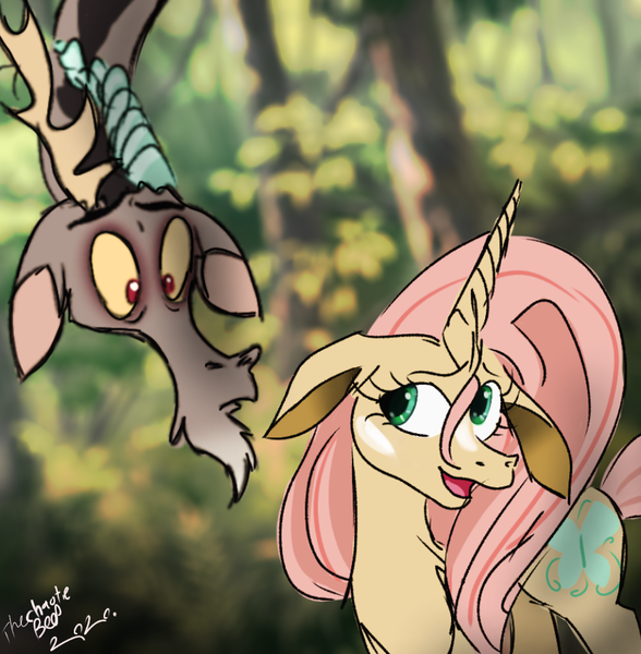 Size: 885x903 | Tagged: safe, artist:thechaoticboop, derpibooru import, discord, fluttershy, draconequus, pony, unicorn, g5, leak, spoiler:g5, discord (g5), discoshy, female, fluttershy (g5), forest, male, mare, redesign, shipping, straight, unicorn fluttershy