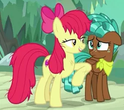 Size: 643x568 | Tagged: safe, derpibooru import, screencap, apple bloom, spur, earth pony, pegasus, pony, growing up is hard to do, bandana, biting, bow, cropped, duo, eyelashes, floppy ears, folded wings, freckles, lidded eyes, messy mane, older, older apple bloom, out of context, teenager, tongue bite, wings