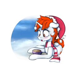 Size: 900x900 | Tagged: safe, artist:blastdown, derpibooru import, oc, oc:karma, ponified, unofficial characters only, pony, unicorn, chocolate, christmas, clothes, female, food, hat, holiday, hot chocolate, mare, reddit, santa hat, scarf, side, simple background, transparent background, upvote, winter