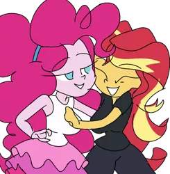 Size: 662x675 | Tagged: safe, artist:treble clefé, derpibooru import, pinkie pie, sunset shimmer, all the world's off stage, equestria girls, equestria girls series, cute, duo, female, lesbian, scene interpretation, shipping, smiling, sunsetpie