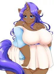 Size: 1000x1373 | Tagged: artist:kurocaze-s, bbw, big breasts, blushing, breasts, busty rarity, chocolarity, cleavage, cute, dark skin, derpibooru import, eared humanization, edit, editor:shiftyshades, fat, female, horn, horned humanization, human, humanized, light skin, looking at you, obese, raritubby, rarity, simple background, smiling, solo, solo female, suggestive, tailed humanization, white background