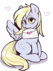 Size: 1200x1600 | Tagged: safe, artist:noupie, derpibooru import, derpy hooves, pegasus, pony, cute, derpabetes, female, letter, mare, mouth hold, simple background, sitting, solo, white background