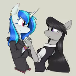 Size: 800x800 | Tagged: safe, artist:sinrar, derpibooru import, octavia melody, vinyl scratch, anthro, earth pony, unicorn, blushing, clothes, dancing, ear piercing, earring, eye contact, female, hoodie, jewelry, lesbian, looking at each other, piercing, scratchtavia, shipping, simple background, tan background, vest