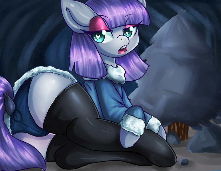 Size: 3300x2550 | Tagged: questionable, artist:floralshitpost, derpibooru import, maud pie, earth pony, pony, anus cameltoe, cave, clothes, dock, eyeshadow, female, heart eyes, lidded eyes, looking at you, looking back, looking back at you, makeup, mare, open mouth, panties, raised tail, socks, solo, solo female, tail, underwear, wingding eyes
