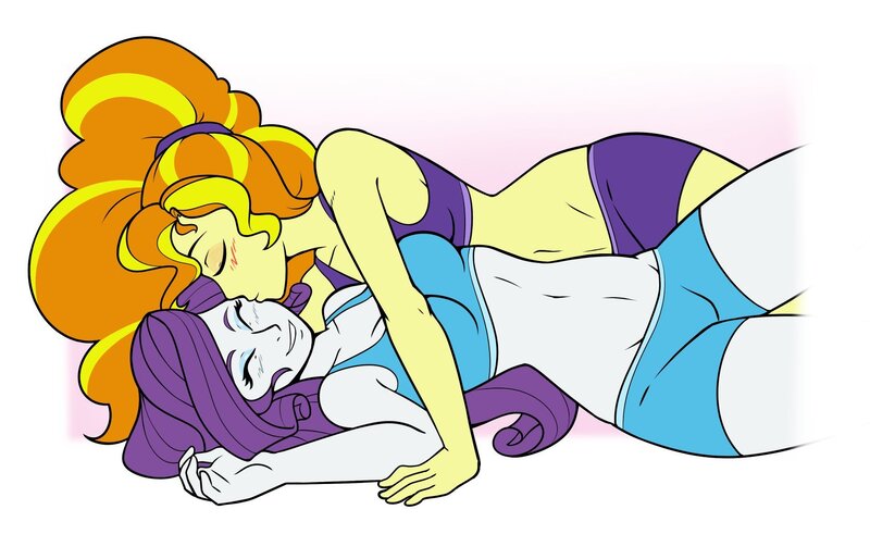 Size: 1680x1080 | Tagged: safe, artist:ambris, derpibooru import, adagio dazzle, rarity, human, equestria girls, abs, adagity, alternate hairstyle, belly button, blushing, clothes, commission, eyes closed, eyeshadow, female, humanized, kiss on the cheek, kissing, lesbian, makeup, midriff, shipping, shorts, simple background, sports, sports bra, sports shorts, thighs, white background