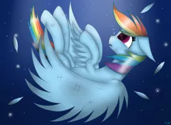 Size: 2338x1700 | Tagged: safe, artist:victoria-luna, derpibooru import, rainbow dash, pegasus, pony, falling, female, mare, sky, solo, spread wings, wings