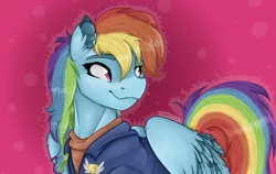 Size: 5000x3150 | Tagged: safe, artist:feathershine1, derpibooru import, rainbow dash, pegasus, pony, the last problem, alternate hairstyle, clothes, female, folded wings, jacket, mare, older, older rainbow dash, solo, wings