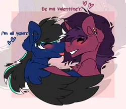 Size: 3500x3040 | Tagged: safe, artist:sailor, deleted from derpibooru, derpibooru import, oc, oc:livewire, oc:rubellite, unofficial characters only, pegasus, pony, unicorn, anchor, ear piercing, female, lesbian, meme, piercing, text, texts from ponies, tongue out, wings, zoom layer