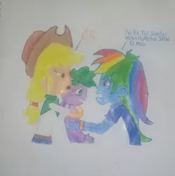 Size: 1568x1574 | Tagged: artist needed, safe, derpibooru import, applejack, rainbow dash, spike, human, equestria girls, angry, applespike, applespikedash, bisexual, female, fight, human spike, humanized, lesbian, male, nervous, polyamory, rainbowspike, shipping, spanish, spike gets all the mares, straight, traditional art