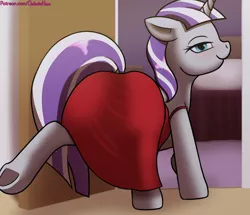 Size: 3368x2896 | Tagged: suggestive, alternate version, artist:galacticham, derpibooru import, twilight velvet, pony, unicorn, blushing, butt, clothes, dress, female, looking at you, looking back, milf, plot, solo, solo female, spread legs, spreading