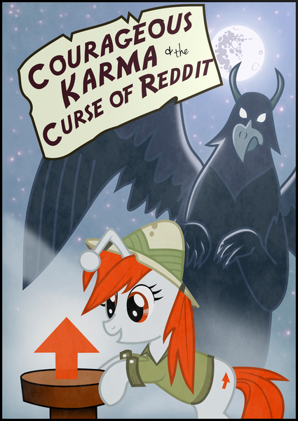 Size: 2061x2910 | Tagged: safe, artist:cuwxnerd, derpibooru import, oc, oc:karma, ponified, gryphon, pony, unicorn, book cover, clothes, costume, cover, eared griffon, female, hat, mare, moon, parody, reddit, upvote, vector, wide eyes