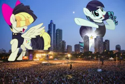 Size: 2270x1513 | Tagged: safe, artist:auskeldeo, artist:dashiesparkle, artist:jhayarr23, derpibooru import, coloratura, songbird serenade, earth pony, pegasus, pony, my little pony: the movie, bipedal, building, city, duo, female, giant pony, giantess, headworn microphone, highrise ponies, irl, light, macro, microphone, night, photo, ponies in real life, pop star pony, raised hoof, standing