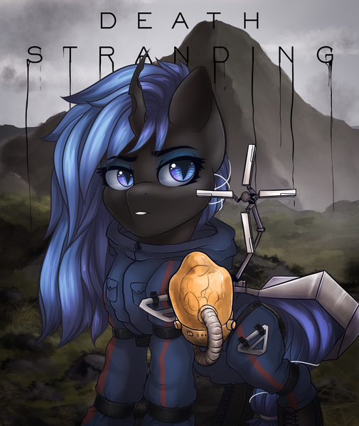 Size: 1600x1900 | Tagged: artist:falafeljake, blue changeling, bridge baby, changeling, changeling queen, changeling queen oc, commission, death stranding, derpibooru import, female, oc, oc:queen lahmia, safe, unofficial characters only, ych result