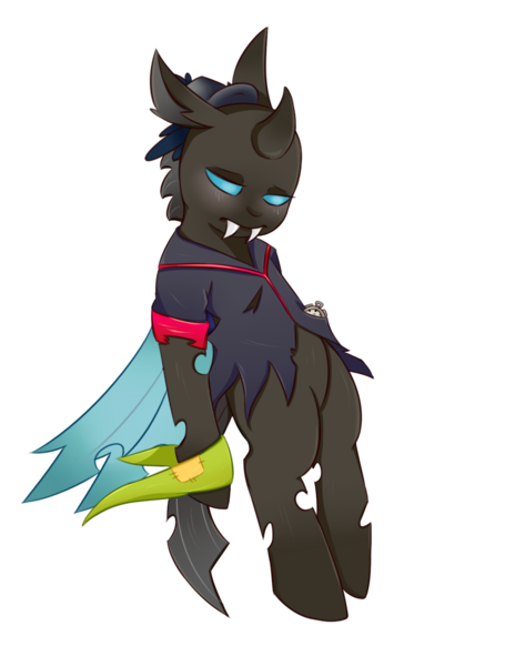 Size: 970x1280 | Tagged: artist:guiltyp, changeling, clothes, derpibooru import, oc, oc:clock, safe, shirt, simple background, solo, transparent background