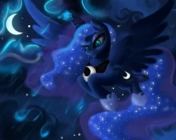 Size: 2500x2000 | Tagged: safe, artist:plavanda87, derpibooru import, princess luna, alicorn, pony, crescent moon, female, flying, glowing horn, high res, horn, mare, moon, night, rain, sky, solo, spread wings, stars, wings