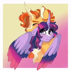 Size: 1200x1200 | Tagged: safe, artist:scarletskitty12, derpibooru import, sunburst, twilight sparkle, twilight sparkle (alicorn), alicorn, unicorn, cloven hooves, crying, curved horn, eyes closed, female, holiday, horn, hug, male, shipping, straight, tears of joy, twiburst, valentine's day, winghug