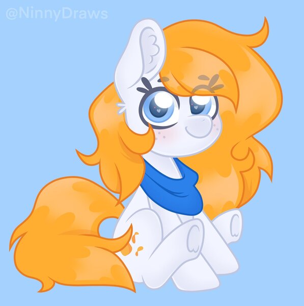 Size: 2037x2048 | Tagged: safe, artist:ninnydraws, derpibooru import, oc, oc:tulip, earth pony, pony, big eyes, blue, clothes, female, food, looking at you, orange, round, scarf, sit, sitting, soft shading, tulip