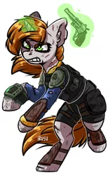 Size: 1199x1911 | Tagged: safe, artist:lrusu, derpibooru import, oc, oc:littlepip, unofficial characters only, pony, unicorn, fallout equestria, fanfic, angry, bruised, clothes, fanfic art, female, glowing horn, gritted teeth, gun, handgun, hooves, horn, levitation, little macintosh, magic, mare, pipbuck, pipleg, revolver, scar, simple background, solo, telekinesis, vault suit, weapon, white background