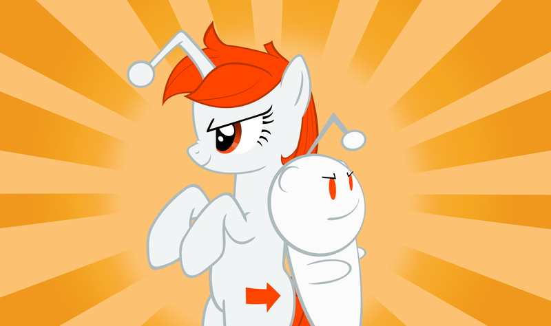 Size: 3000x1776 | Tagged: safe, artist:orangel8989, derpibooru import, oc, oc:karma, ponified, pony, unicorn, back to back, bipedal, female, mare, reddit, snoo, sunburst background, upvote, vector