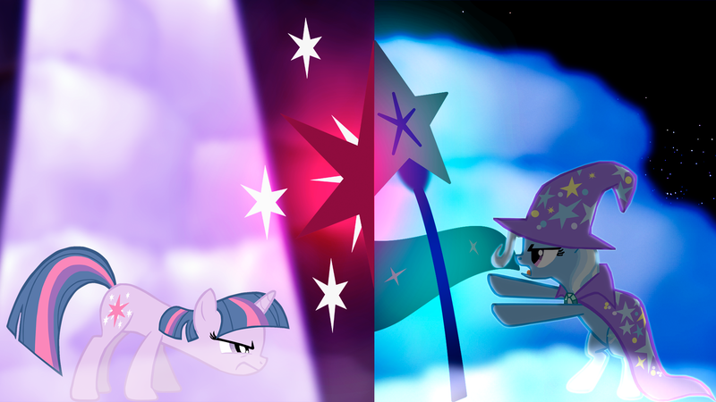 Size: 1920x1080 | Tagged: artist:flutterflyraptor, derpibooru import, magic duel, safe, trixie, twilight sparkle, wallpaper