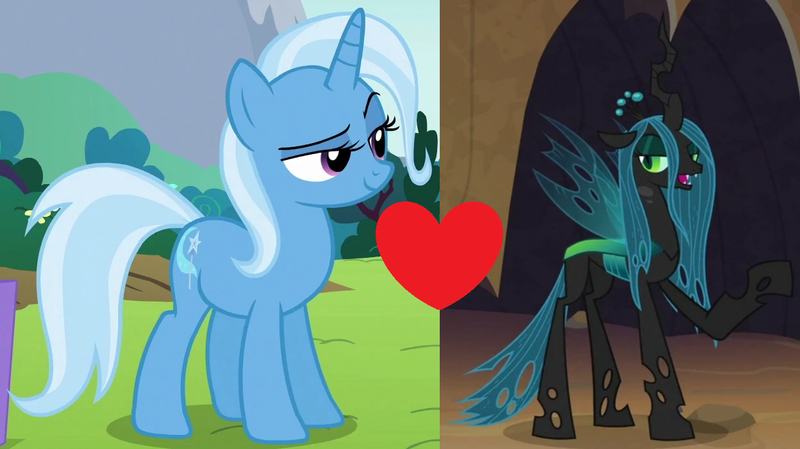 Size: 1248x700 | Tagged: derpibooru import, female, lesbian, queen chrysalis, safe, shipping, shipping domino, trixalis, trixie