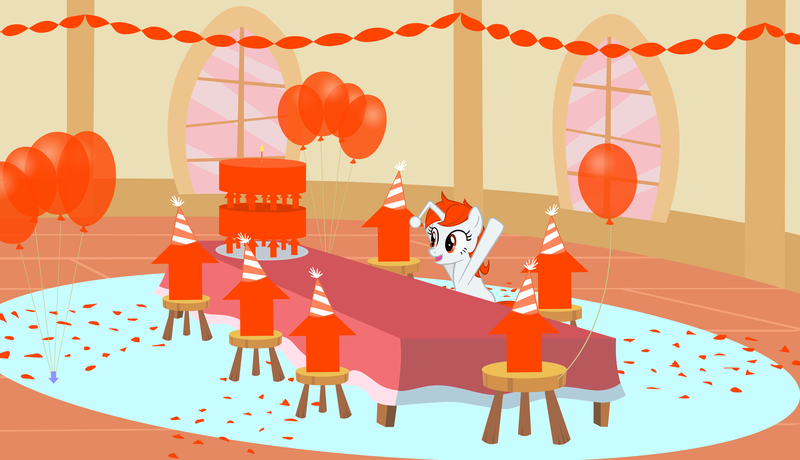 Size: 3230x1857 | Tagged: safe, artist:orangel8989, derpibooru import, oc, oc:karma, ponified, pony, unicorn, balloon, birthday, birthday cake, cake, confetti, downvote, female, food, hat, mare, party, party hat, reddit, solo, streamers, upvote, vector