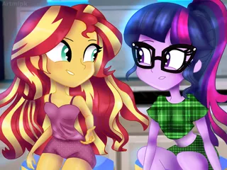 Size: 2400x1800 | Tagged: safe, artist:artmlpk, derpibooru import, sci-twi, sunset shimmer, twilight sparkle, equestria girls, chair, clothes, cute, digital art, duo, duo female, female, glasses, looking at each other, midriff, outfit, pajamas, ponytail, shimmerbetes, shirt, short shirt, shorts, sitting, sleepover, sleeveless, smiley face, smiling, twiabetes, unmoving plaid