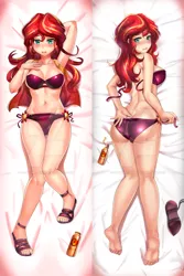 Size: 800x1200 | Tagged: suggestive, artist:tzc, derpibooru import, sunset shimmer, human, equestria girls, anime, armpits, ass, barefoot, bikini, body pillow, body pillow design, breasts, bunset shimmer, butt, clothes, deviantart watermark, feet, female, humanized, legs, looking at you, looking back, looking back at you, looking over shoulder, obtrusive watermark, solo, solo female, stupid sexy sunset shimmer, swimsuit, thighs, watermark