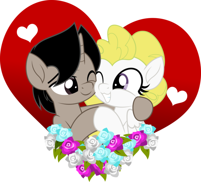 Size: 5000x4545 | Tagged: safe, artist:jhayarr23, derpibooru import, surprise, oc, oc:archooves, pegasus, unicorn, archrise, canon x oc, commission, female, flower, heart, holiday, hug, male, mare, shipping, simple background, stallion, straight, transparent background, valentine's day, ych result