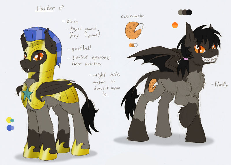 Size: 1371x980 | Tagged: safe, artist:ravenpuff, deleted from derpibooru, derpibooru import, oc, oc:hunter, bat pony, hybrid, kirin, pony, armor, bat pony oc, bat wings, chest fluff, fangs, grin, helmet, hoof shoes, kirin oc, leonine tail, male, raised hoof, reference sheet, royal guard, sharp teeth, slit eyes, smiling, stallion, teeth, text, wings