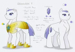 Size: 1350x929 | Tagged: safe, artist:ravenpuff, deleted from derpibooru, derpibooru import, oc, oc:glimmershine, unofficial characters only, crystal pony, pony, armor, duo, female, frown, hoof shoes, mare, reference sheet, royal guard, text, torn ear