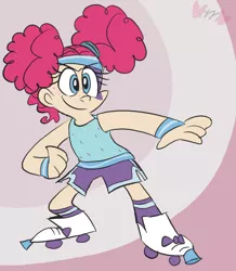 Size: 698x800 | Tagged: alternate hairstyle, artist:mirabuncupcakes15, clothes, confident, costume, derpibooru import, face paint, female, human, humanized, makeup, nightmare night costume, pinkie pie, pinkie puffs, roller skates, safe, shorts, smiling, smirk, socks, solo, striped socks, sweatband, tanktop, tomboy