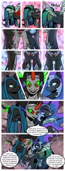 Size: 1500x3900 | Tagged: safe, artist:nancy-05, author:bigonionbean, derpibooru import, king sombra, nightmare moon, queen chrysalis, oc, oc:empress sacer malum, changeling, pony, umbrum, unicorn, comic:fusing the fusions, comic:time of the fusions, alicorn amulet, argument, blushing, chest, clothes, comic, commissioner:bigonionbean, confusion, cutie mark, dialogue, dungeon, ethereal mane, evil planning in progress, fangs, female, forced, fusion, fusion:empress sacer malum, heat, jewelry, magic, mare, necklace, panting, prison, queen umbra, regalia, rule 63, shocked, smiling, smirk, sombra eyes, spell, swelling, tartarus, wingless