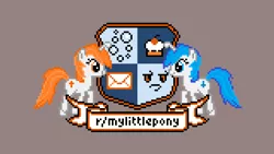 Size: 640x360 | Tagged: safe, artist:sparklepeep, derpibooru import, oc, oc:discentia, oc:karma, ponified, unofficial characters only, pony, unicorn, banner, bubble, coat of arms, crest, cupcake, derp, downvote, female, food, frown, happy, header, mail, mare, reddit, upvote, vector