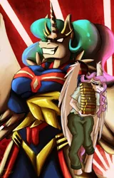 Size: 2018x3162 | Tagged: alicorn, all might, all might's hero costume, anthro, artist:jamescorck, black sclera, book, breasts, busty princess celestia, clothes, cosplay, costume, crossover, depowered, derpibooru import, female, my hero academia, pegasus, pegasus celestia, pink mane, princess celestia, safe, spandex, superhero, unguligrade anthro
