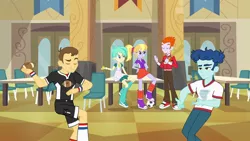 Size: 1539x866 | Tagged: safe, derpibooru import, screencap, cloudy kicks, curly winds, heath burns, some blue guy, teddy t. touchdown, tennis match, equestria girls, equestria girls (movie), background human, baseball bat, cafeteria, clothes, compression shorts, eyes closed, female, football, miniskirt, pants, ponytail, shoes, shorts, skirt, sneakers, sports, tomboy