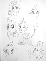 Size: 1330x1754 | Tagged: safe, artist:tjpones, derpibooru import, gallus, gryphon, birb, chest fluff, cute, gallabetes, male, monochrome, pencil drawing, sketch, soap, solo, sparkles, traditional art